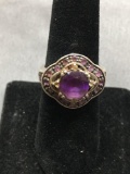 Cushion Faceted 8x8mm Amethyst Center Scallop Detailed Amethyst Halo Sterling Silver Ring Band