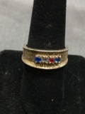 Four Red & Blue Round Faceted Gem Centers Textured Finished 8.5mm Wide Sterling Silver Ring Band