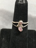 Old Pawn Native American Style Sterling Silver Split Shank Signed Designer Ring Band w/ Twin Pink