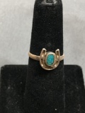 Lucky Horseshoe Styled 10x9mm Center Detail w/ Blue Gem Inlaid Feature Sterling Silver Ring Band