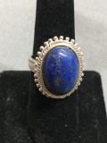 Rope & Bead Ball Framed Oval 18x12mm Lapis Cabochon Center Sterling Silver Ring Band