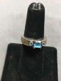 Judith Jack Designer Sterling Silver Ring Band w/ Square Step Faceted 5x5mm Blue Topaz Center & Twin