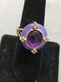 Oval 12x10mm Checkerboard Faceted Amethyst Center w/ Rounded Lavender Jade Halo & Filigree Decorated