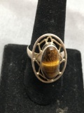 Oval 17x9mm Tiger's Eye Cabochon Center w/ Geometric Halo Design High Polished Sterling Silver Ring