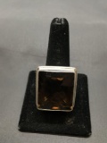 Large Rectangular 25x22mm Checkerboard Faceted Smokey Topaz Center Filigree Decorated High Polished