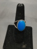 Filigree Decorated Bezel Set Oval 18x13mm Blue Gem Cabochon Center Split Shank Sterling Silver Ring