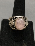Oval 16x13mm Rose Quartz Cabochon Center Handmade Sterling Silver Wire-Wrapped Detailed Sterling
