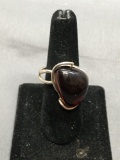 Triangular Shaped 21x15mm Domed Amber Cabochon Center Sterling Silver Handmade Wire-Wrapped Ring