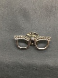 High Polished Marcasite Detailed 30mm Long 10mm Tall Vintage Pair of Glasses Design Sterling Silver