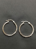 Squared Styled Laser Carved Detailed 25mm Diameter 2.0mm Wide Pair of Sterling Silver Hoop Earrings