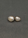 Oval 10x8mm Baroque White Pearl Center Pair of Sterling Silver Button Earrings