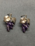 Handmade Grapes on the Vined Themed 22mm Long 17mm Wide 9.0mm Deep Pair of Sterling Silver Earrings