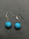 Round 10mm Turquoise Bead Drop Pair of Sterling Silver Shepard's Hook Earrings