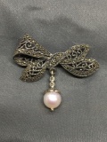 Milgrain Marcasite Filigree Detailed 45mm Wide 48mm Tall Sterling Silver Bow Brooch w/ Round Rose