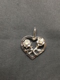 Twin Rosebud Detailed 17mm Wide 16mm Tall High Polished Sterling Silver Heart Pendant