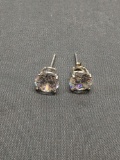 Round Faceted 8.0mm CZ Center Four Prong Basket Mounting Pair of Sterling Silver Stud Earrings