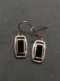 Rectangular Shaped 9x4mm Onyx Inlaid Center Pair of High Polished Sterling Silver Dangle Shepard's
