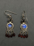 Round 7.0mm Moonstone Cabochon Center w/ Moonstone Accents & Briolette Faceted Garnet Drops Pair of