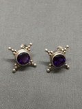 Round Faceted 9.0mm Amethyst Center Bead Ball Accented Pair of Sterling Silver Button Earrings