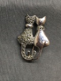 High Polished & Milgrain Marcasite Detailed Sterling Silver Pair of Cats Motif Brooch