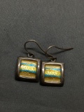 Multi-Colored Enameled Featured Square 14x14mm Signed Designer Pair of Sterling Silver Shepard's