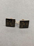 Hieroglyph Featured Black Enameled Square 15mm Pair of Sterling Silver Screw Back Earrings