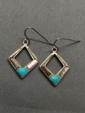Turquoise & Abalone Inlaid Diamond Shaped 20x18mm Pair of Sterling Silver Dangle Earrings