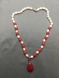 New! Gorgeous 8-9mm White Freshwater Pearl 18in Necklace w/ Red Jade Beads & Teardrop Shaped Red