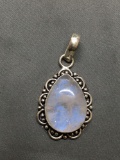 New! Awesome Detailed Large Blue Fire Moonstone 1.5in Long Sterling Silver Pendant