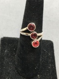 New! Awesome Three Stone Faceted Rubellite Sterling Silver Ring Band-Size 7