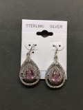 New! Gorgeous Pink Topaz w/ CZ Accents 1 3/8In Long Pair of Sterling Silver Earrings