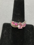 New! Gorgeous Pink Topaz Center w/ Pink Australian Opalite Inlay CZ Accented Sterling Silver Ring