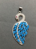New! AAA Quality Turquoise w/ CZ Accents & Ruby Eye Beautiful Designer 2 1/8In Sterling Silver Swan
