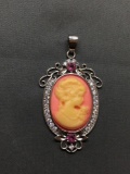 New! AAA Quality Beautiful Peach Colored Lady Cameo w/ CZ & Rubellite Accents 2 1/8in Sterling