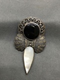 Signed Designer Milgrain Marcasite Filigree Decorated 2.5in Long Vintage Sterling Silver Brooch w/