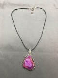 New! Awesome Pink Purple Detailed Botswana Druzy Slice 2.5in Sterling Silver Pendant w/ Silk Cord