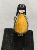 New! AAA Quality Large Detailed Pear Shape Tiger's Eye Cabochon Center Wide Band Sterling Silver