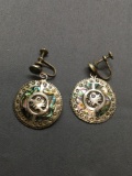 Handmade Old Pawn Mexico Style Round 25mm Diameter Abalone Inlaid Pair of Sterling Silver Earrings