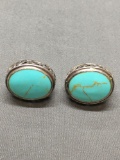 Filigree Framed Oval 18x15mm Turquoise Cabochon Center Pair of Sterling Silver Button Earrings
