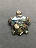 Handmade Detailed 35mm Long 30mm Wide Scallop Abalone Inlaid Sea Turtle Sterling Silver Pendant&