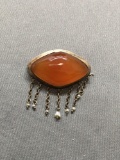 Horizontal Set Diamond Shaped 22mm Wide 12mm Tall Agate Cabochon Center w/ Seven Seed Pearl Drops