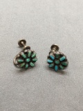 Old Pawn Native American Styled Round 12mm Diameter Turquoise Cabochon Flower Motif Pair of Sterling