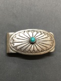 Hand-Engraved 45mm Long 25mm Wide Sterling Silver Money Clip w/ Round Turquoise Cabochon Center