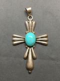 Large Triple Scallop Detailed 70mm Long 48mm Wide Mexican Made Sterling Silver Cross Pendant w/ Oval