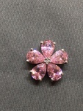 Flower Styled Round 15mm Diameter Sterling Silver Pendant w/ Pink Pear Faceted CZ Petals & Round CZ