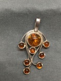 Round 10mm Diameter Amber Cabochon Center w/ Seven 3mm Round Amber Accents 1.75in Tall Sterling