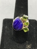 New! AAA Quality Gorgeous Faceted Pear Shape Natural Sapphire w/ Peridot Accent Sterling Silver Ring