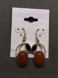 New! Oval Carnelian Onyx Cabochon Center w/ Marquise Faceted Pair of Sterling Silver Drop Earrings