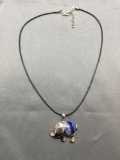 New! Unique Blue Lapis 1 2/8in x 1 2/8in Sterling Silver Elephant Pendant w/ 18in Chain