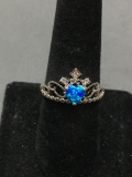 New! Beautiful Blue Opalite w/ CZ Accent Princess Crown Sterling Silver Ring Band-Size 8